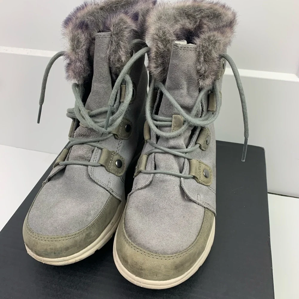 SOREL Explorer Joan Boot 9 10 Quarry Waterproof Leather Suede Lace Up Snow